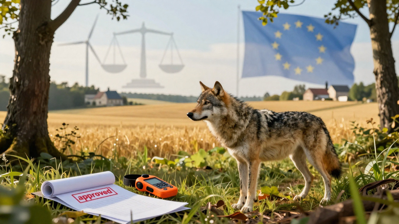 Lobo em campo com papéis aprovados, rádio portátil, moinho e bandeira da União Europeia ao fundo.