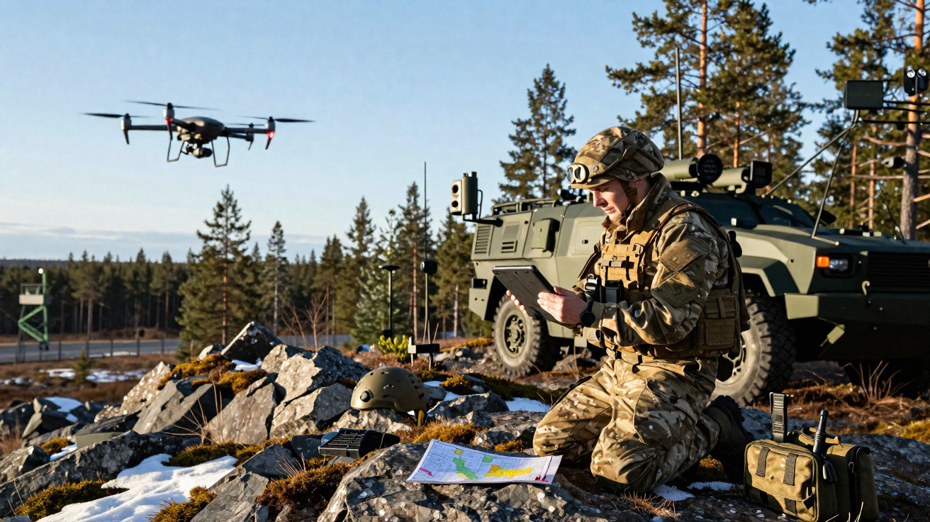 Soldado com equipamento militar operando drone próximo a veículo blindado em área rochosa e florestal.