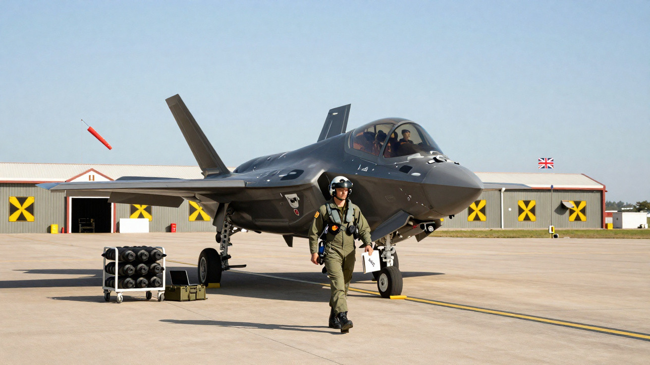 Caça F-35 estacionado na pista com piloto vestido em traje de voo verde caminhando à frente.