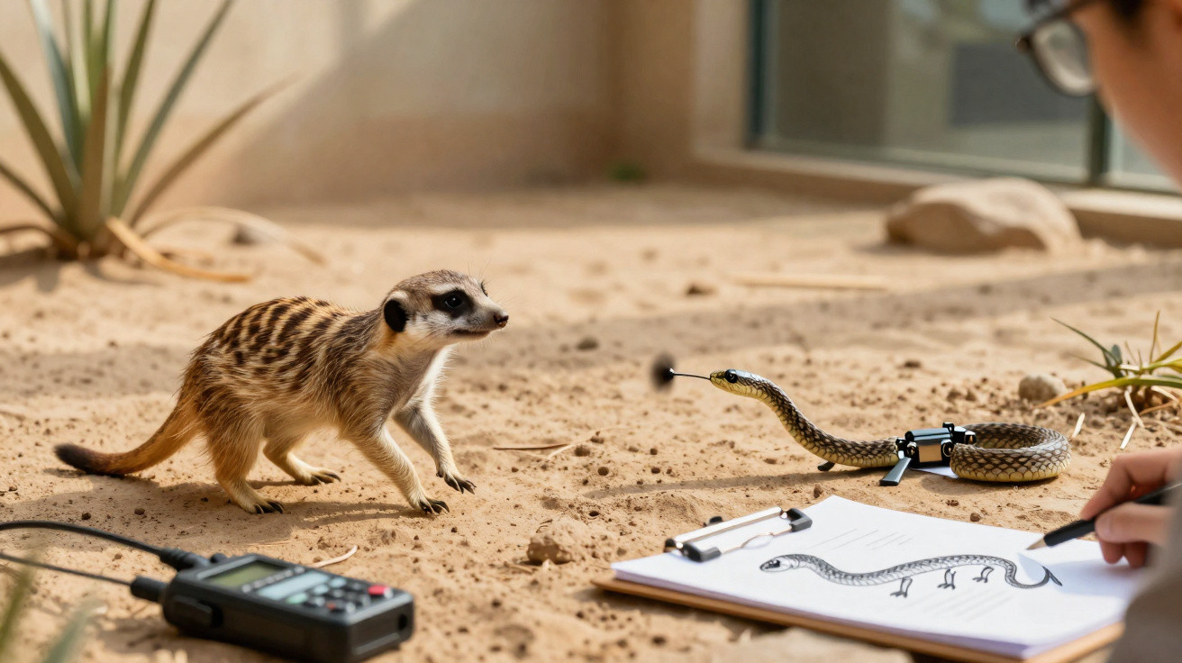 Suricato curioso observa cobra robótica em ambiente arenoso com plantas e equipamento de gravação.