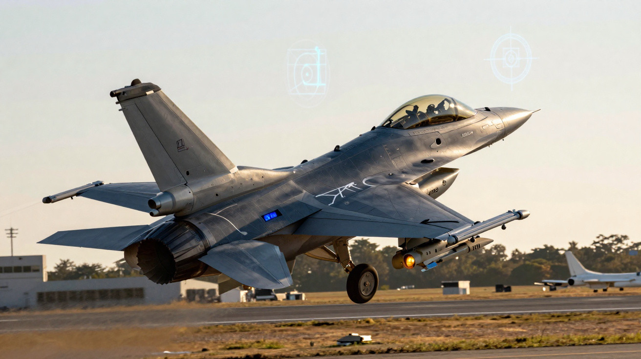 Caça militar F-16 decolando de pista em dia claro com árvores ao fundo.