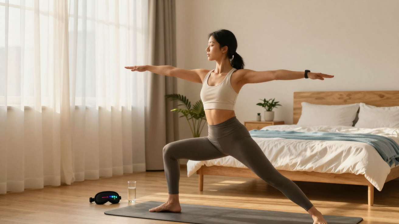 Mulher praticando yoga em posição guerreiro dentro de quarto bem iluminado e organizado.