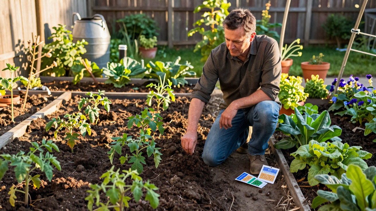 Homem plantando sementes em canteiro de terra em jardim com diversas plantas e vasos ao fundo.