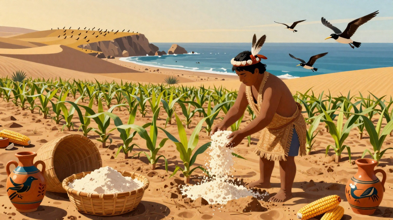 Indígena colhendo milho em plantação próxima à praia com aves voando ao fundo em dia ensolarado.