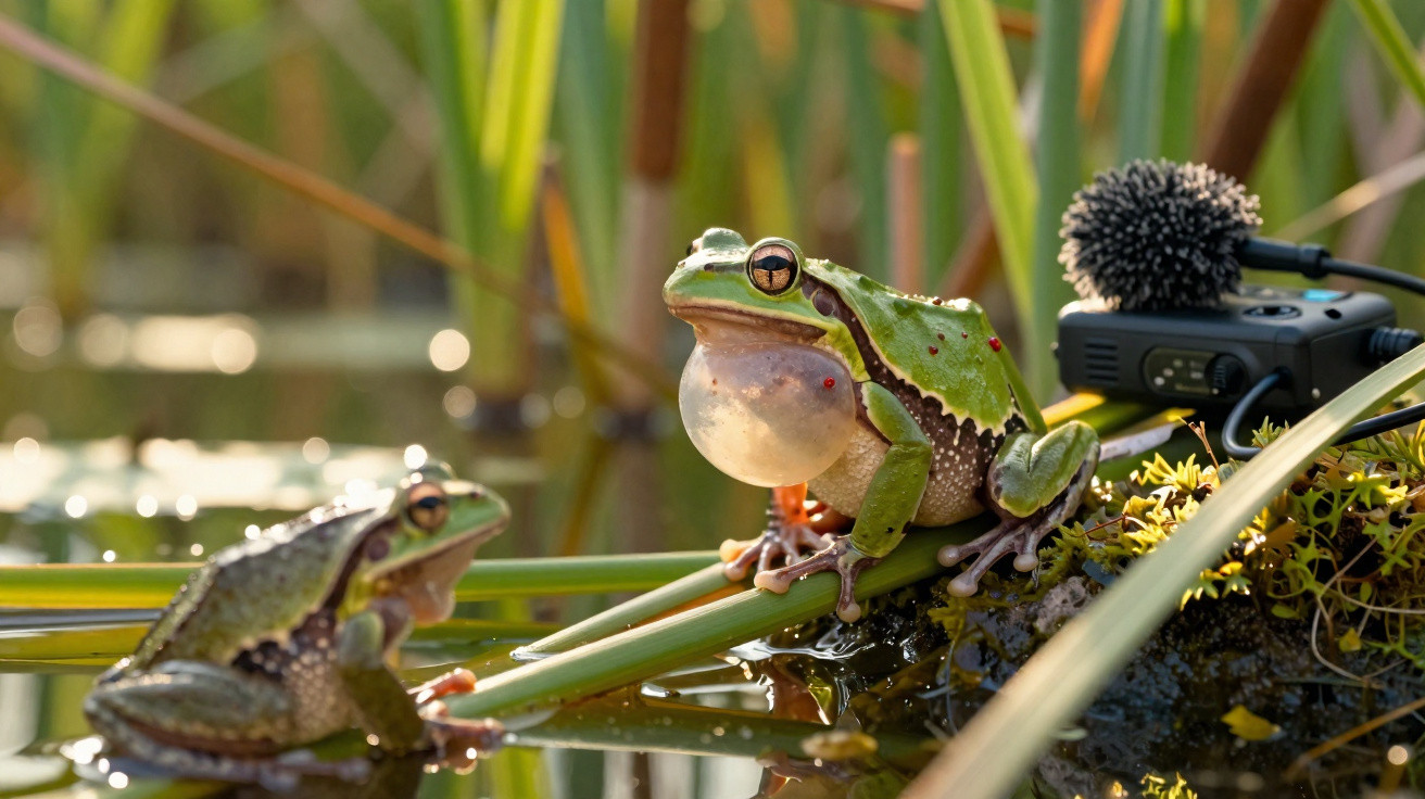 Sapo verde coaxando em ambiente aquático cercado por plantas, com microfone próximo captando o som.