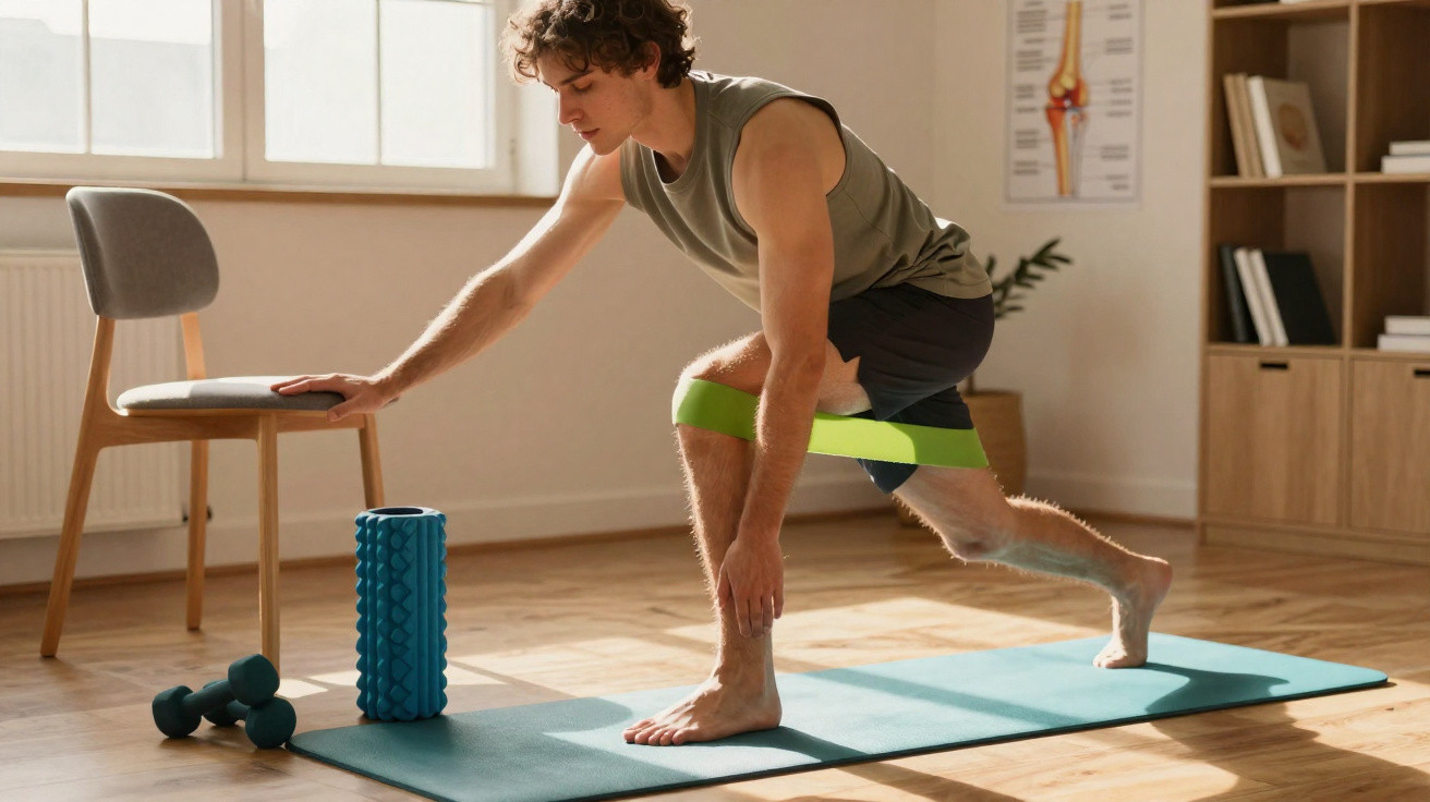 Homem fazendo exercício com faixa elástica em tapete de yoga em ambiente iluminado.