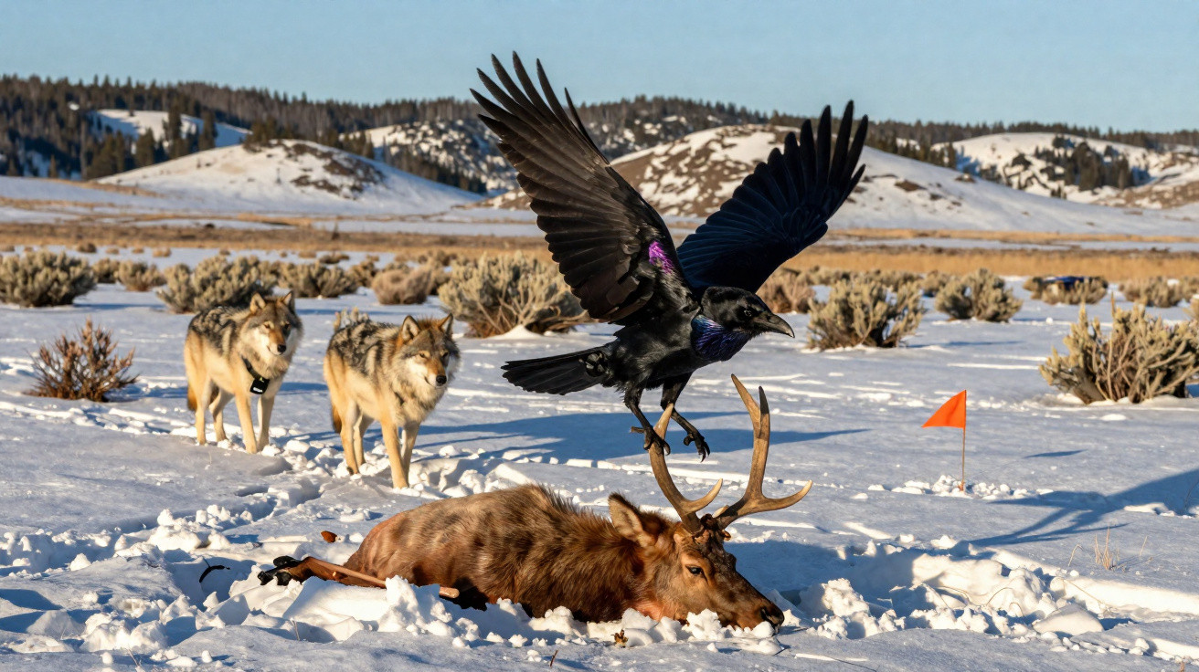 Corvo voando sobre alce caído na neve com dois lobos ao fundo em paisagem nevada.