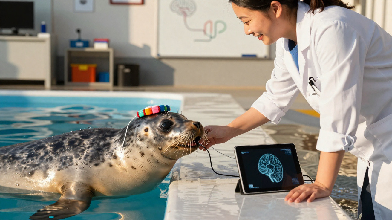 Foca em piscina com dispositivo na cabeça interagindo com cientista que monitora cérebro em tablet.