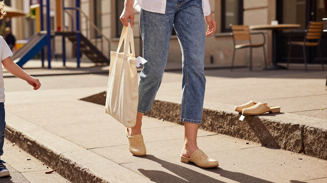 Pessoa caminhando na calçada usando mule bege e calça jeans, carregando bolsa de tecido creme.