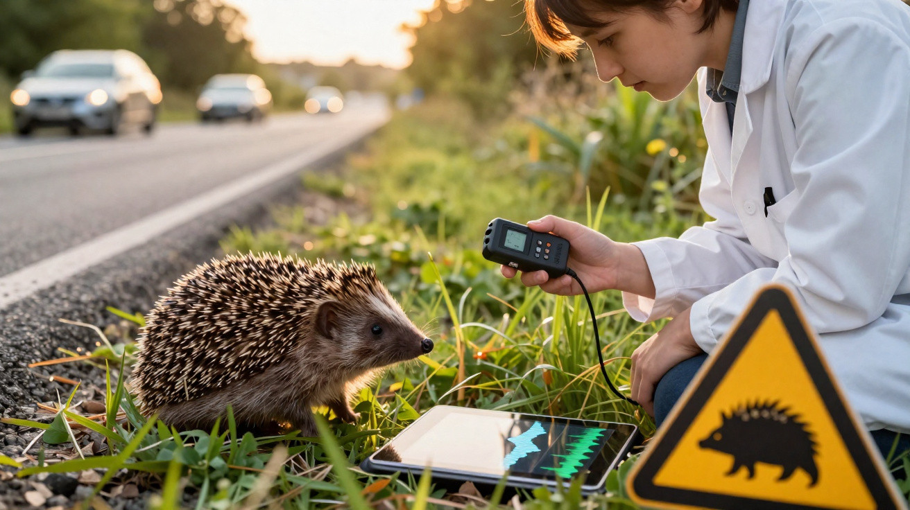 Pesquisador em jaleco analisa dados sonoros de um ouriço próximo a estrada, com placa de aviso.