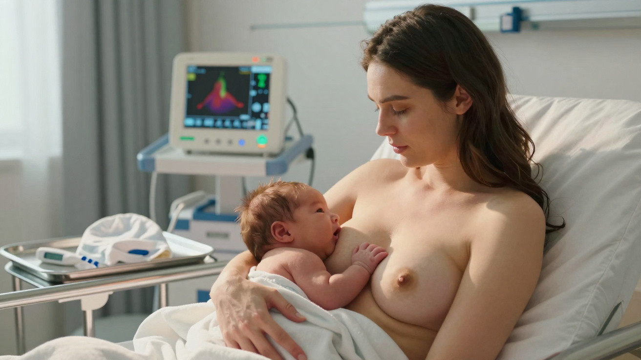 Mãe amamentando bebê recém-nascido em quarto de hospital com monitor cardíaco ao fundo.