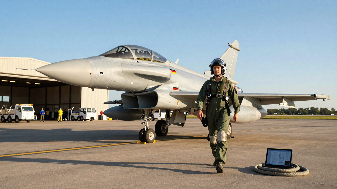 Piloto de caça com capacete e macacão verde caminha próximo a aeronave militar parada em pista de aeroporto.