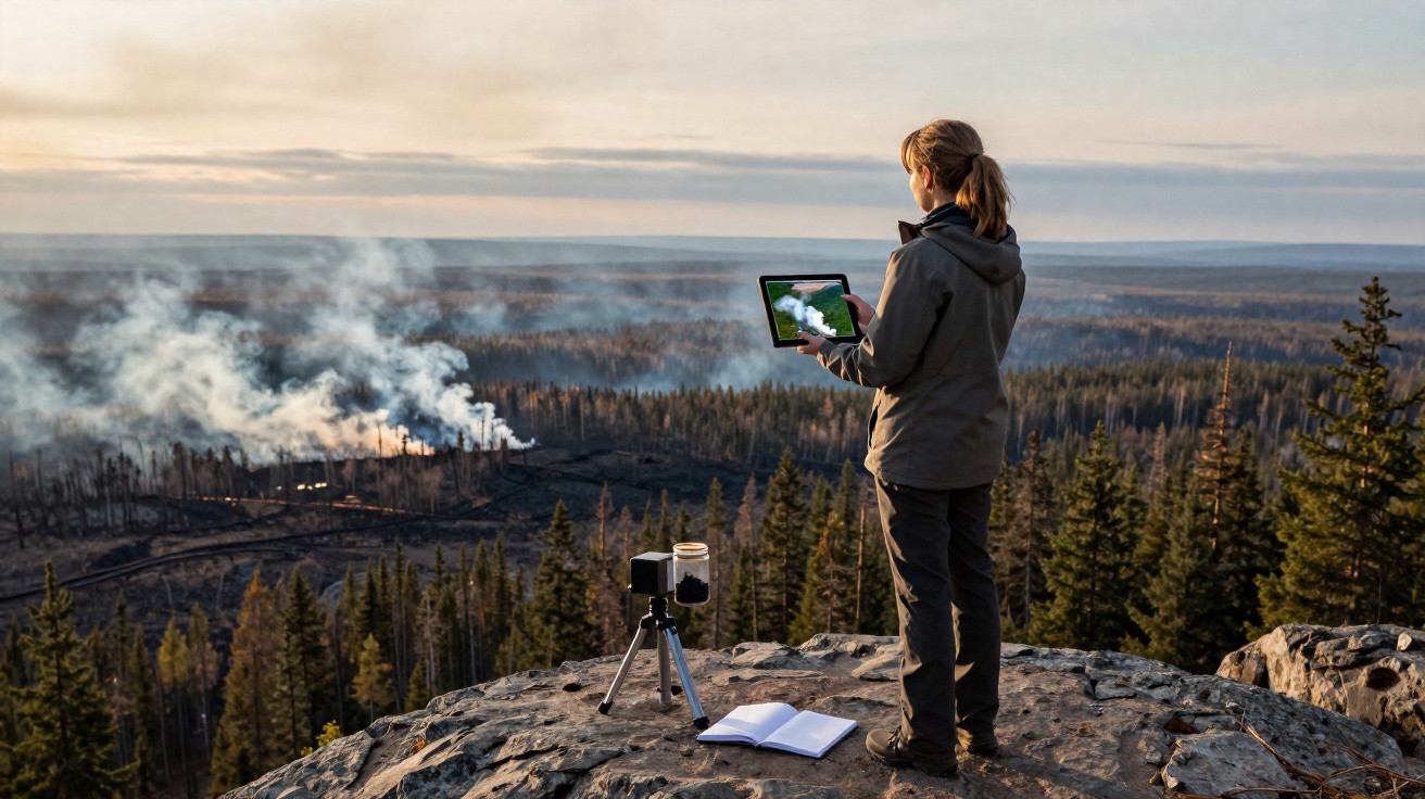 Mulher observa e monitora incêndio florestal em tablet no alto de uma montanha com equipamento de medição.