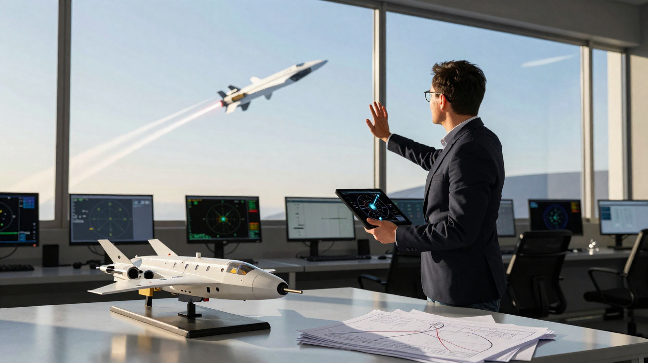 Homem em escritório com modelo de avião na mesa acompanha lançamento de foguete pela janela.