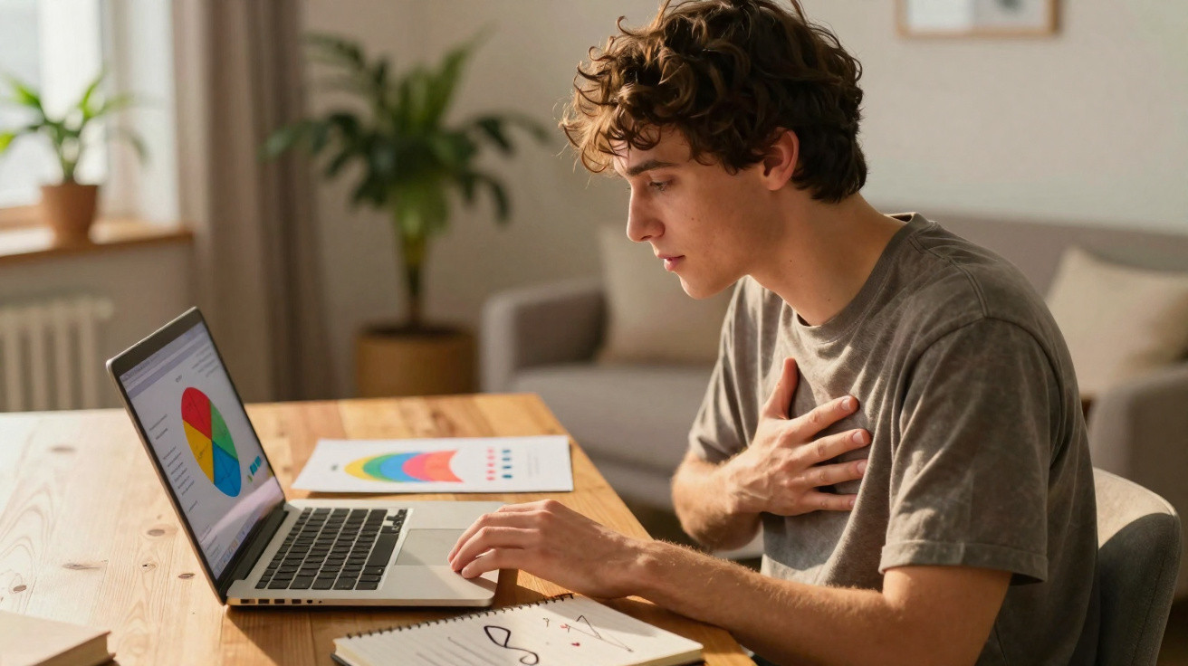 Jovem sentado à mesa com notebook e gráficos, segurando o peito com expressão de dor.