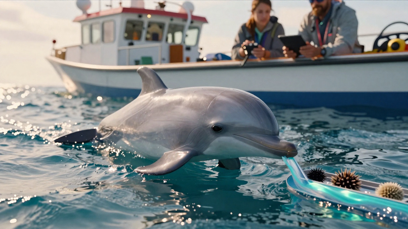Golfinho nadando perto de barco enquanto duas pessoas observam e interagem com objetos na água.