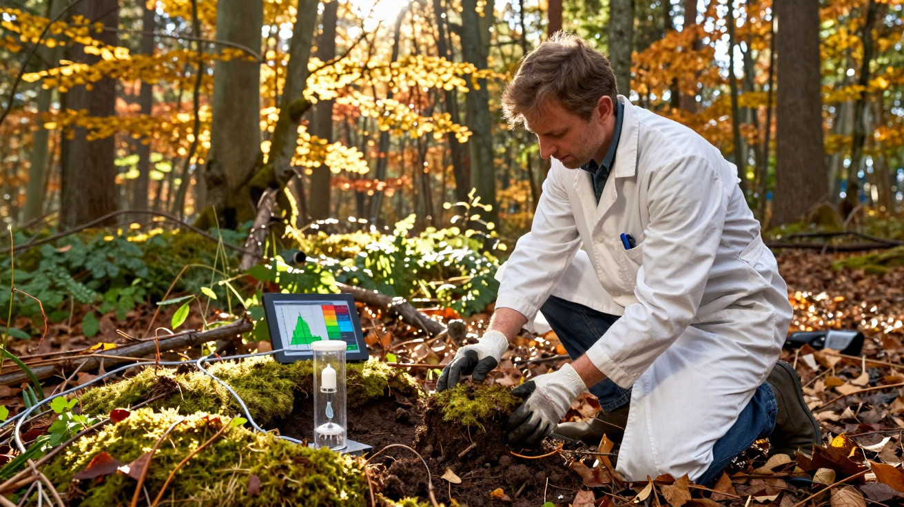 Cientista em jaleco analisa amostras de solo e musgo em floresta no outono com equipamentos de medição.
