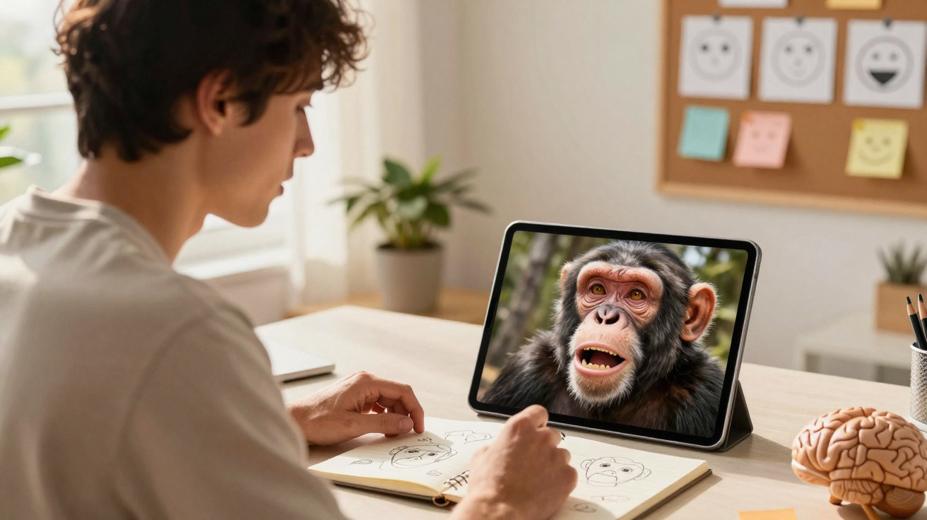 Pessoa desenhando macaco em caderno enquanto assiste imagem do animal em tablet na mesa clara.