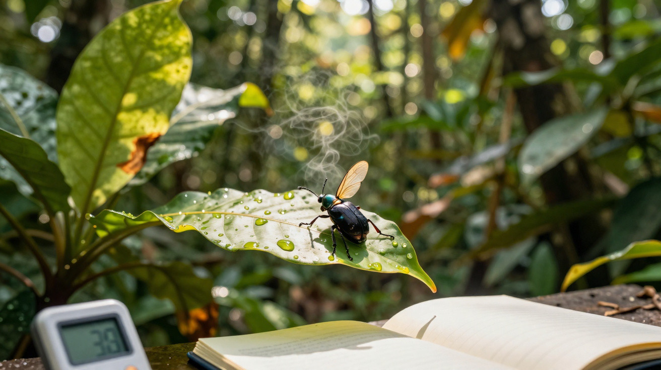 Besouro negro com asas abertas em folha verde com gotas de água em ambiente natural iluminado pelo sol.
