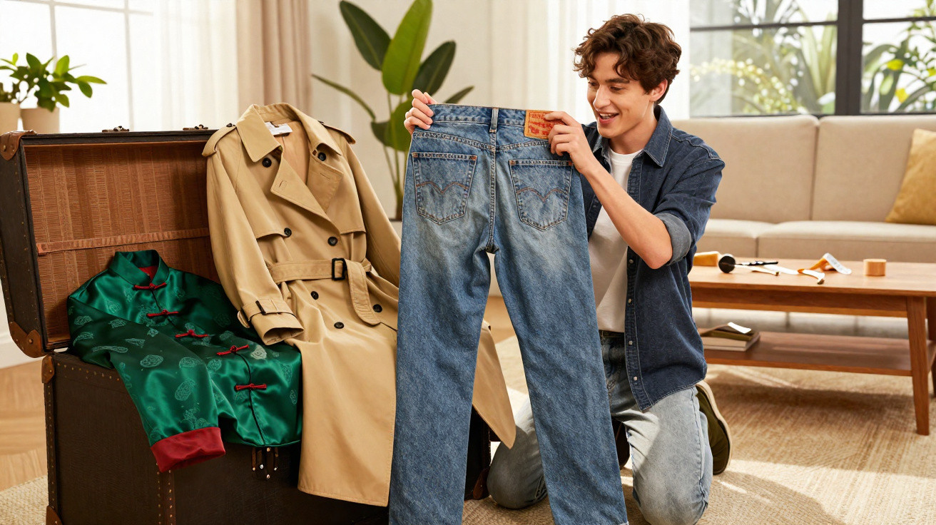 Jovem ajoelhado segurando uma calça jeans azul na frente de mala aberta com roupas dentro, em sala aconchegante.