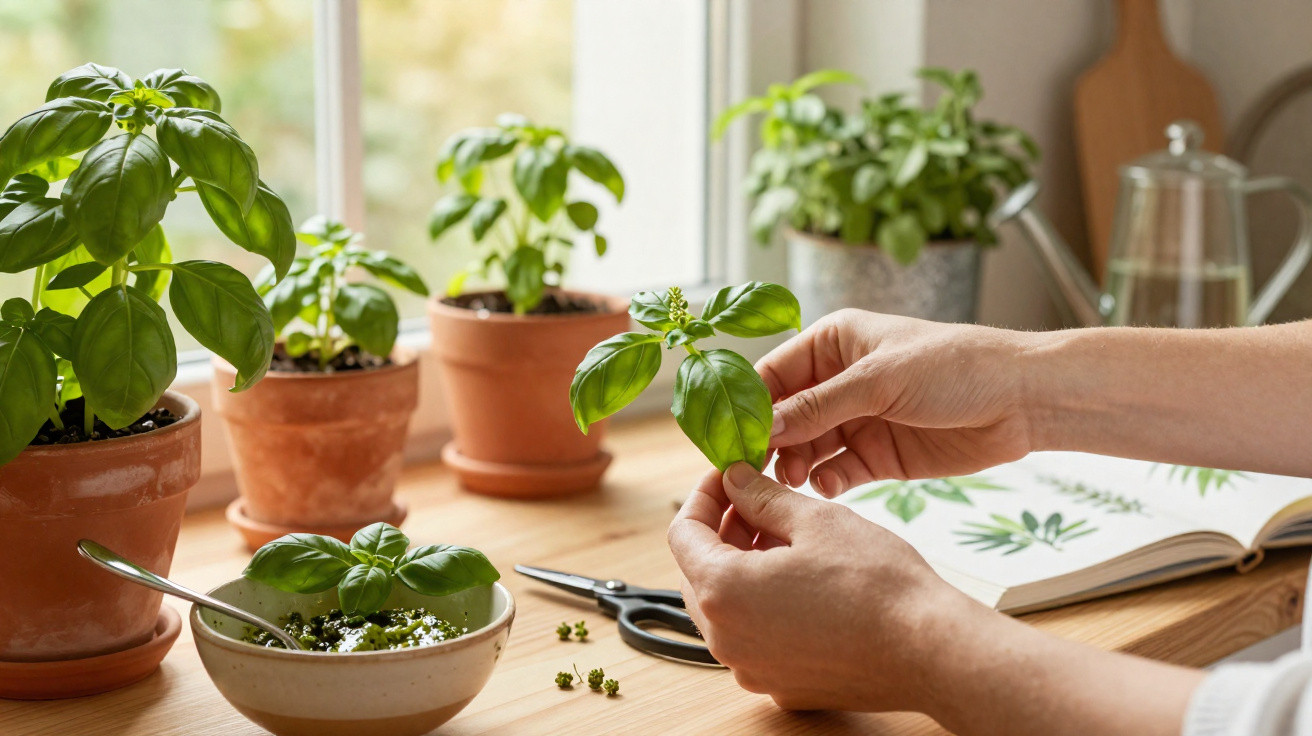 Mãos segurando folhas de manjericão com vasos, tesoura e caderno com desenhos de plantas sobre mesa de madeira.