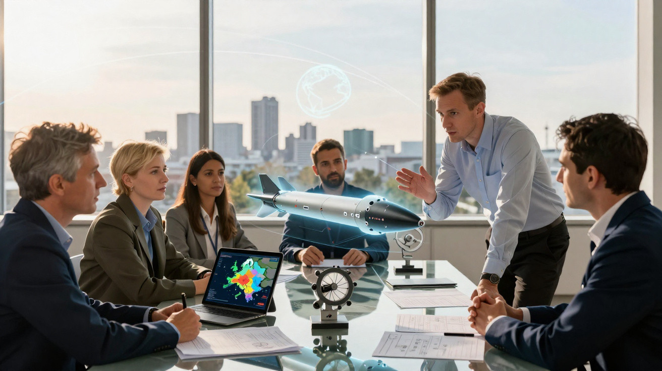Equipe de negócios em reunião com modelo de foguete e projeção holográfica em sala com vista para a cidade.