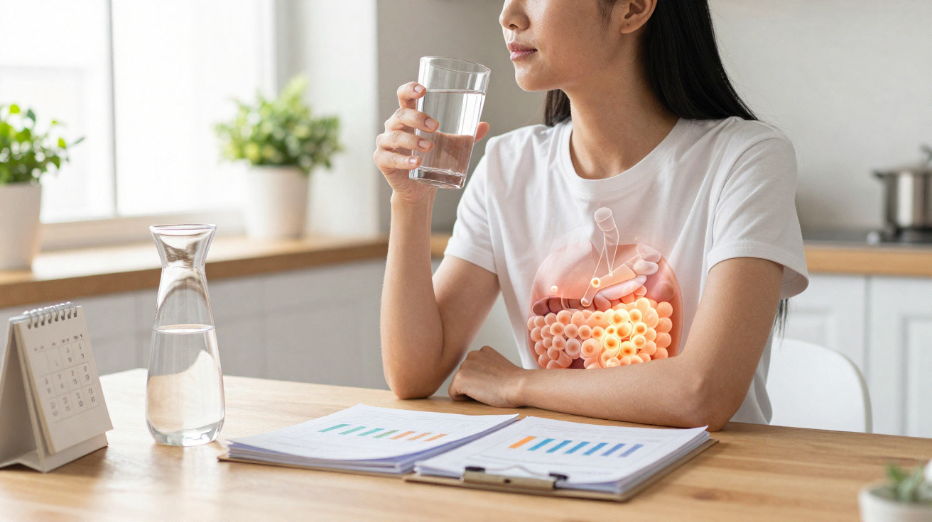 Mulher segurando copo de água, com gráfico do sistema digestivo destacado na camisa, sentada à mesa com documentos.