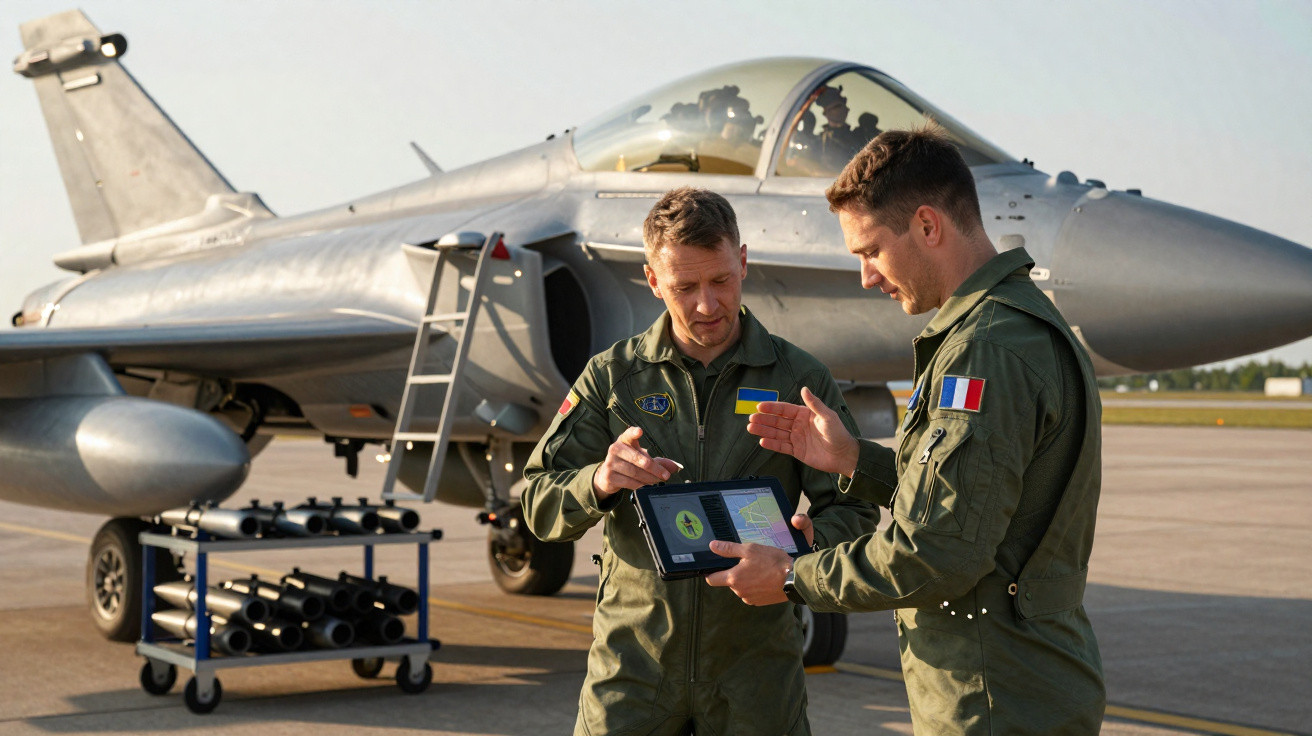 Dois pilotos militares conversam e analisam dados em tablet ao lado de caça estacionado em pista.