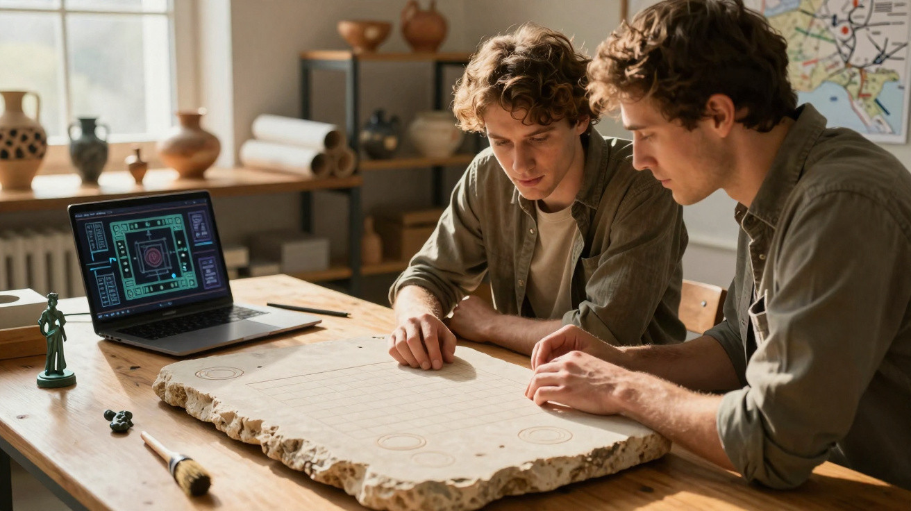 Dois homens analisam pedras com símbolos, com laptop e estátua em escritório iluminado pelo sol.