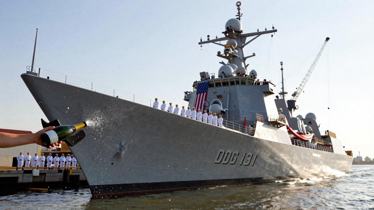 Navio de guerra DDG 181 sendo batizado com champanhe por tripulantes em uniforme branco no cais.