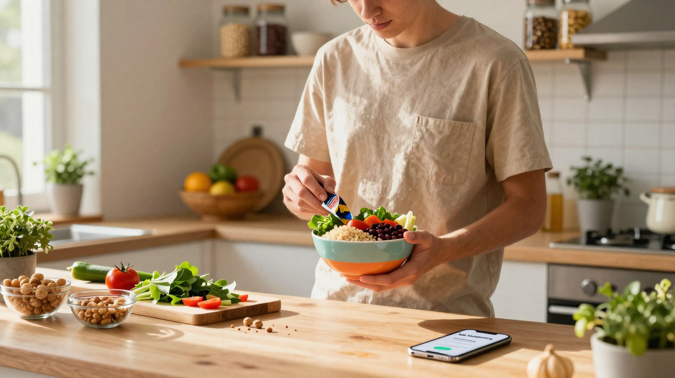 Pessoa preparando salada saudável na cozinha moderna e ensolarada, com legumes frescos e celular na bancada.