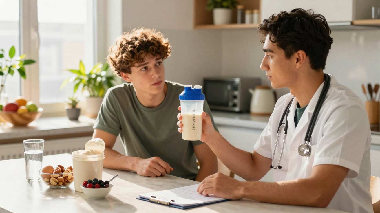 Nutricionista segurando shake proteico para jovem sentado à mesa na cozinha.