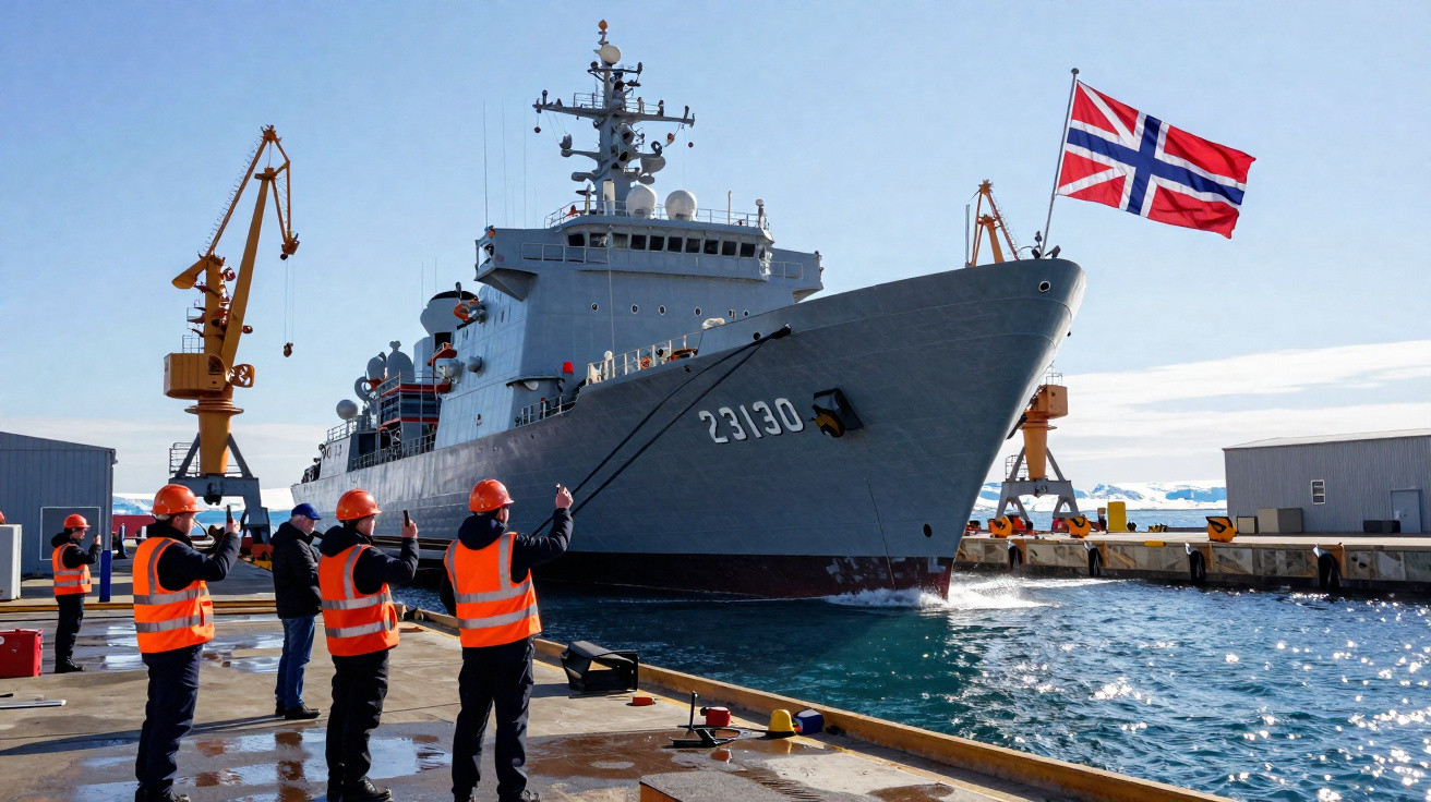 Pessoas com coletes laranjas recebem navio de guerra cinza com bandeira norueguesa em porto industrial.