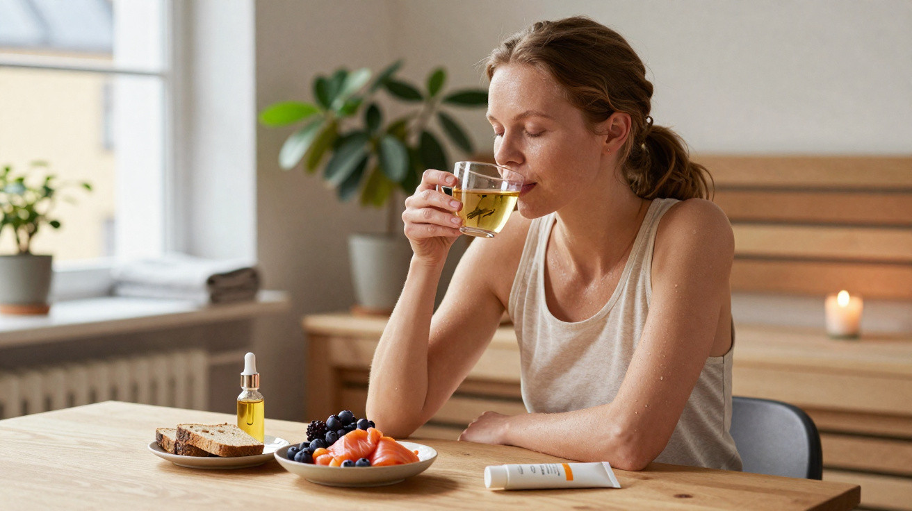 Mulher sentada à mesa bebendo chá, com frutas, pão e óleo sobre a mesa em ambiente iluminado.