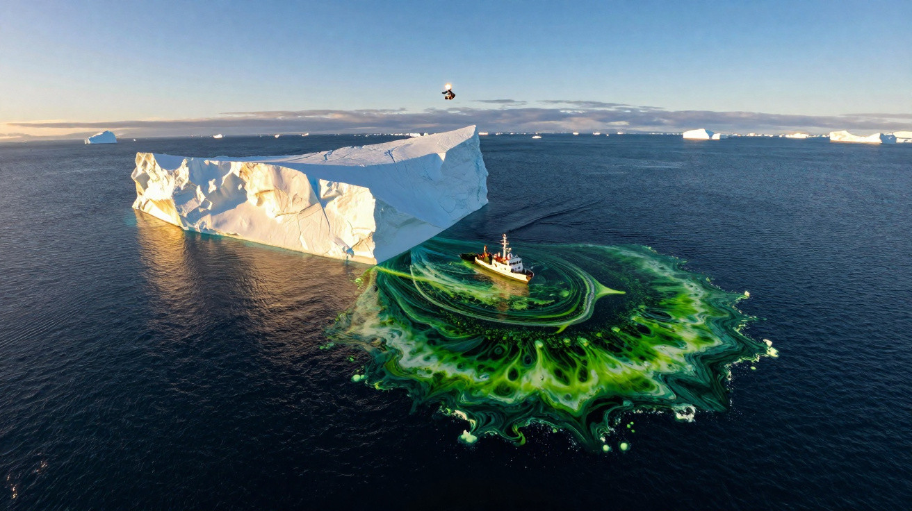 Barco cria padrão verde vibrante ao redor de icebergue flutuante no oceano sob céu azul claro.