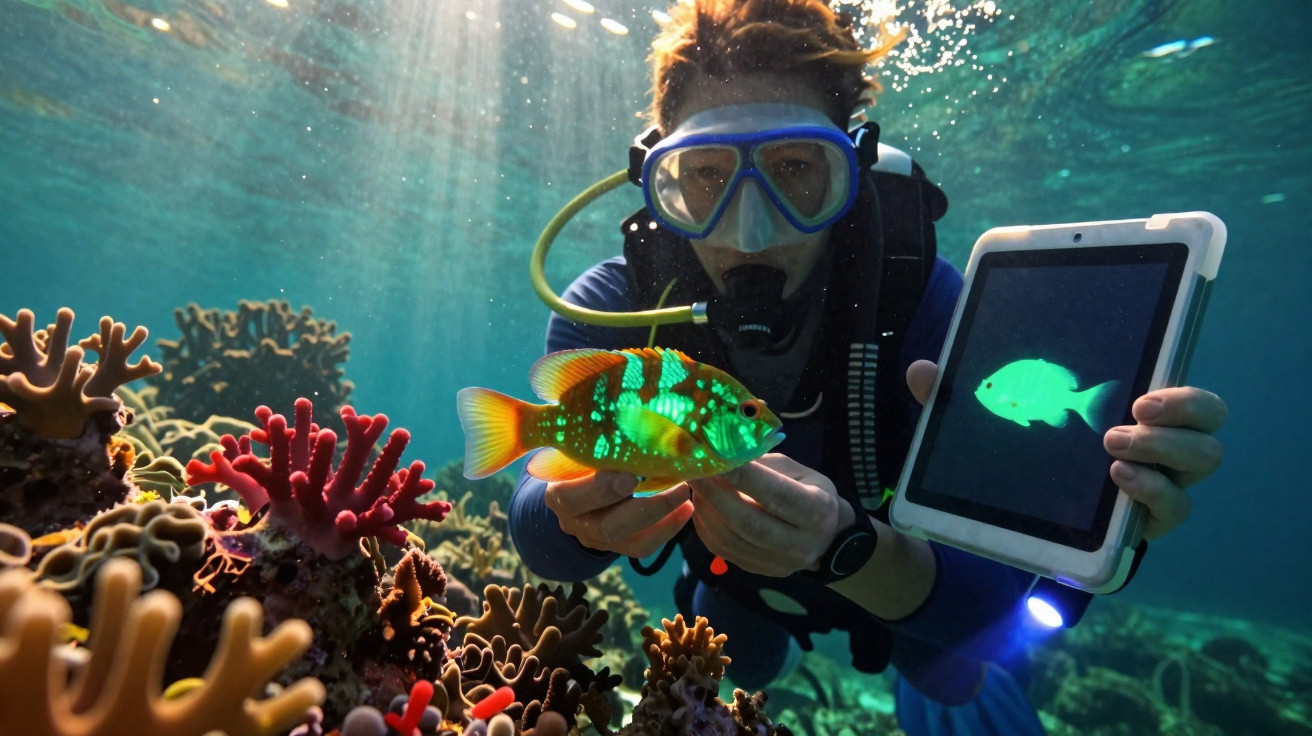 Mergulhador segurando peixe colorido e tablet com imagem de peixe em recife de coral iluminado.