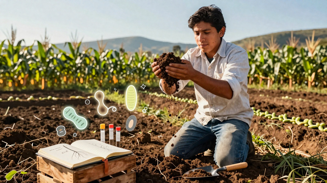 Jovem agricultor examina solo em plantação de milho, com livro aberto e tubos de ensaio ao lado.