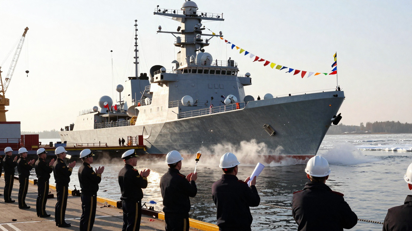 Marinha saúda navio de guerra cinza com bandeiras coloridas atracado em porto com vapor na água.