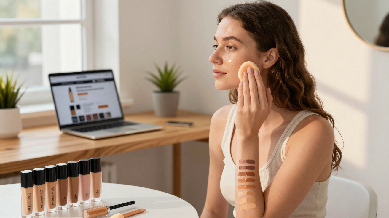 Mulher aplicando base facial com esponja, experimentando tons de maquiagem no braço em ambiente iluminado.
