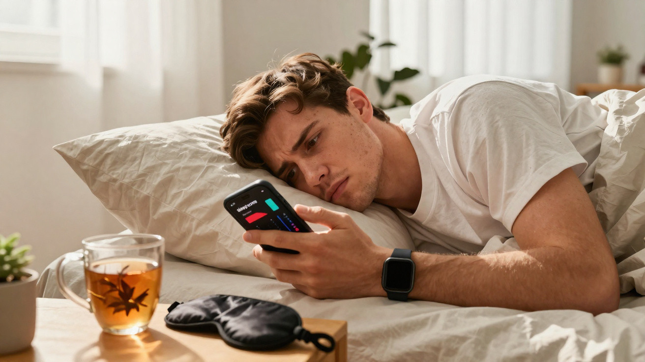 Homem deitado na cama olha preocupado para o celular, com uma máscara de dormir e chá na mesa ao lado.