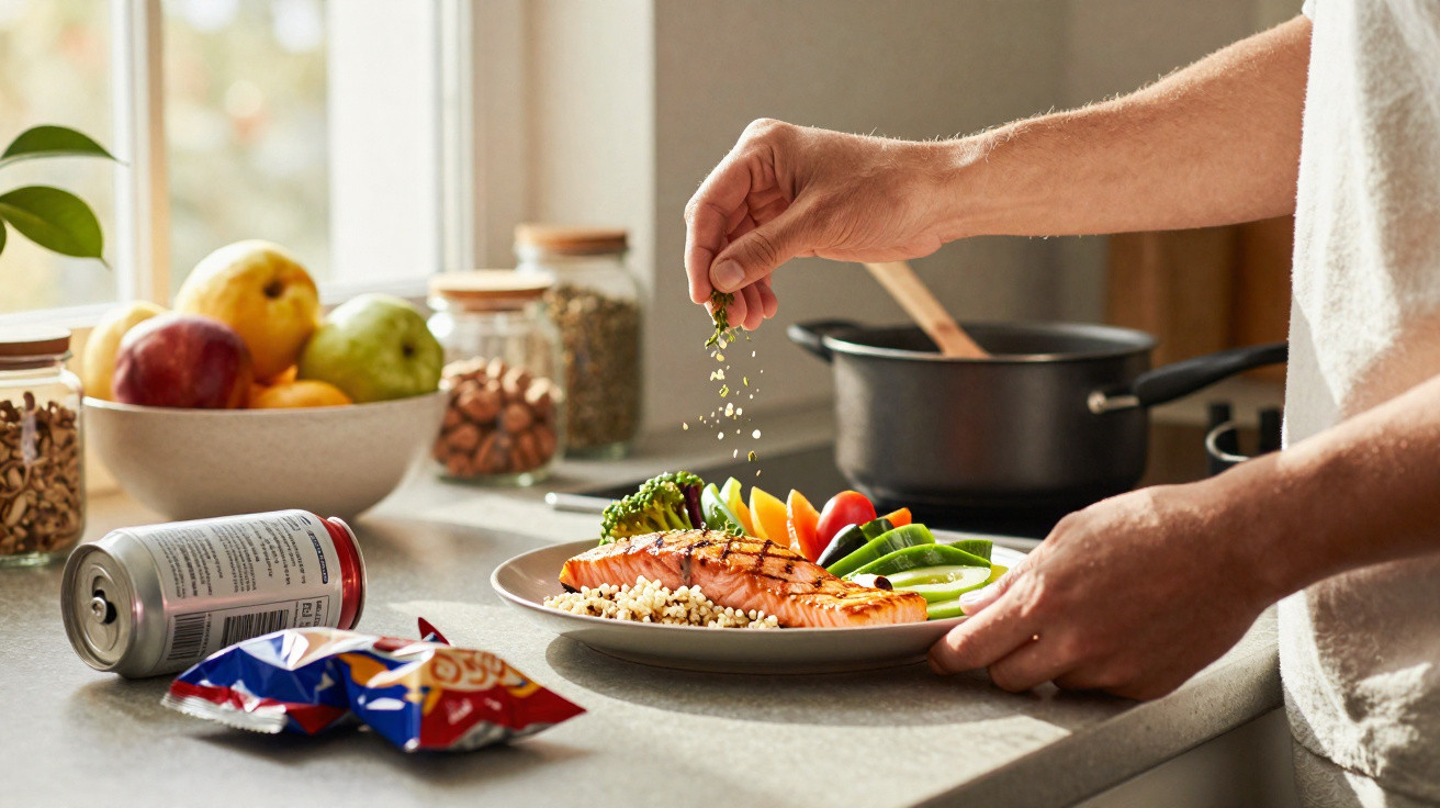 Pessoa salpicando tempero em prato com salmão, legumes e grãos em cozinha com frutas e mantimentos.