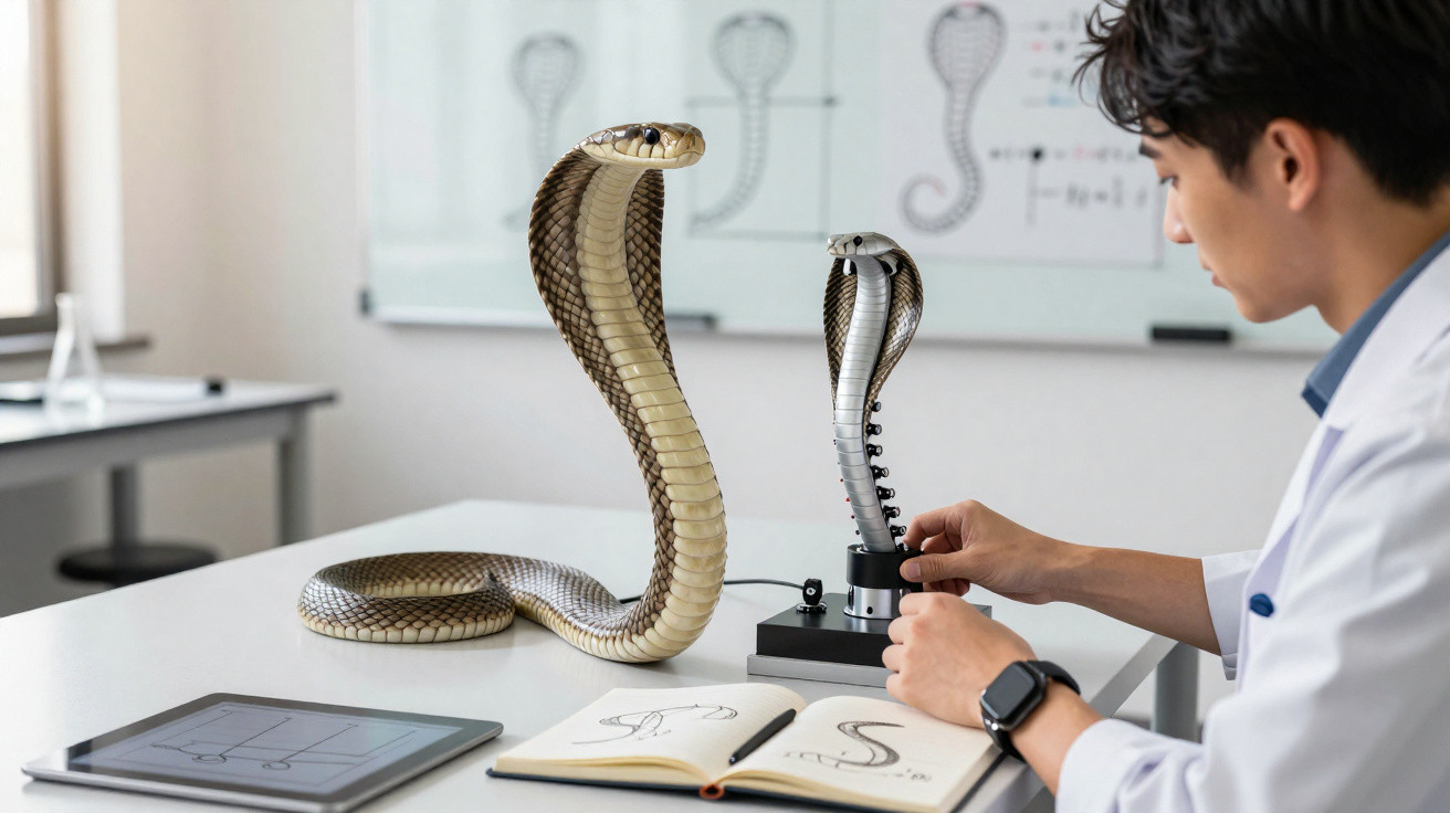 Jovem cientista observa modelo de cobra na mesa com caderno e tablet em laboratório.