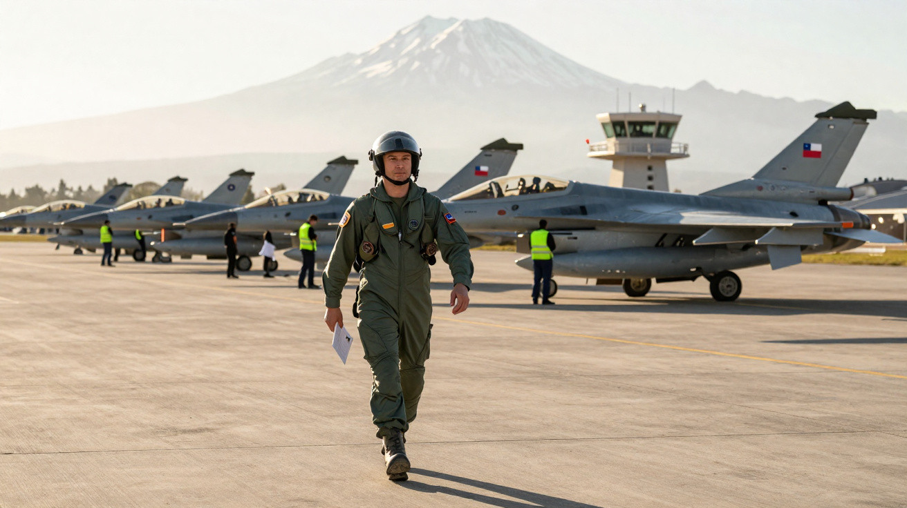 Piloto militar caminhando na pista de um aeroporto com jatos militares ao fundo e montanha nevada ao longe.