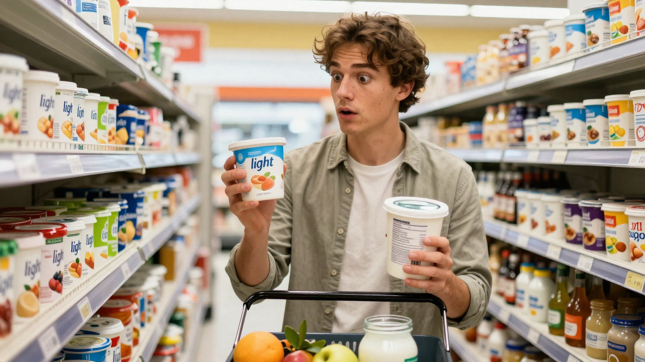 Homem surpreso compara dois potes de iogurte light no corredor de supermercado.