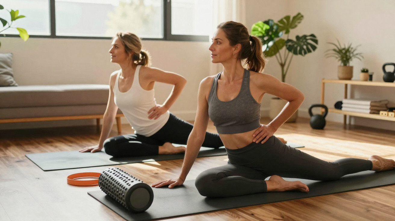 Duas mulheres fazendo alongamento em tapetes de yoga em sala iluminada e decorada com plantas.