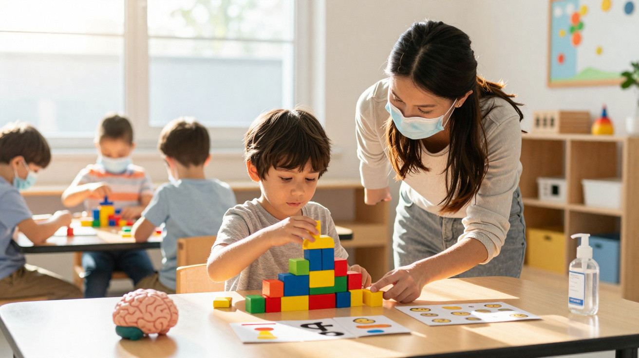 Criança construindo torre de blocos coloridos com professora usando máscara e álcool em gel na mesa.