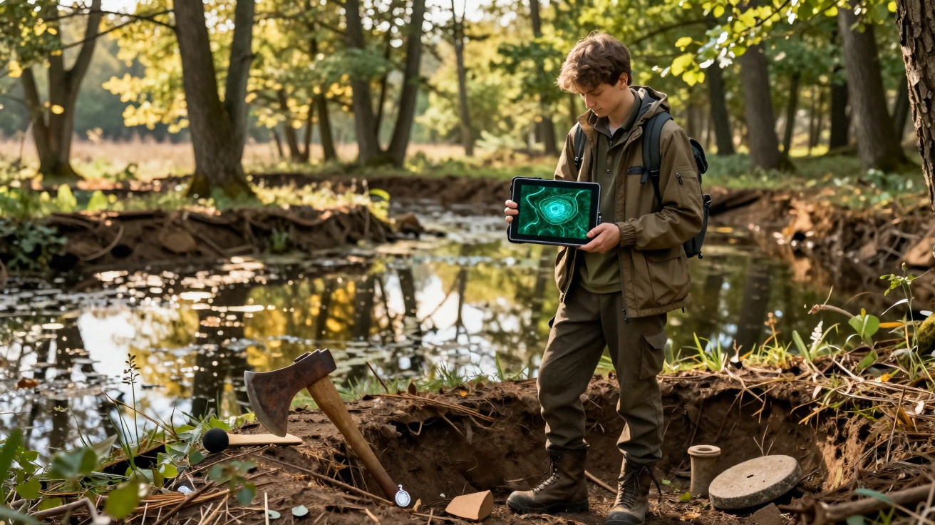 Jovem em floresta segura tablet com imagem digital, perto de área escavada e machado no chão.