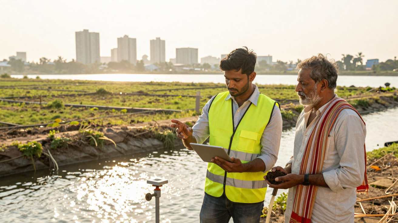 Engenheiro com colete refletivo explica dados a agricultor em campo próximo a canal de irrigação.