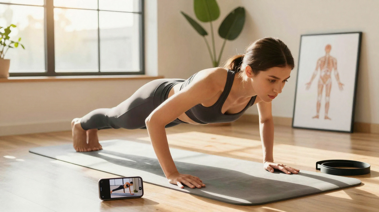 Mulher fazendo flexão em tapete de yoga acompanhando vídeo de treino em celular em ambiente iluminado.