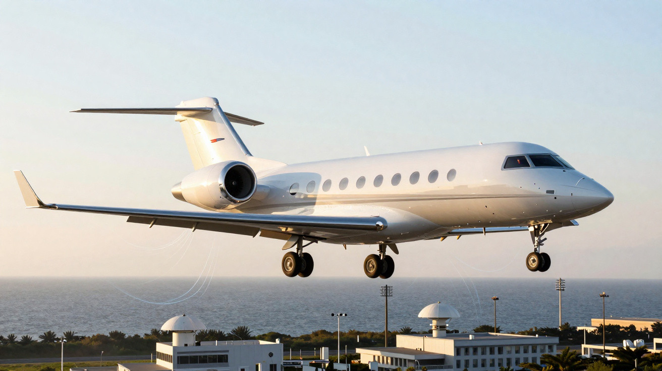 Avião executivo branco pousando próximo ao mar com edifícios e vegetação abaixo, ao entardecer.